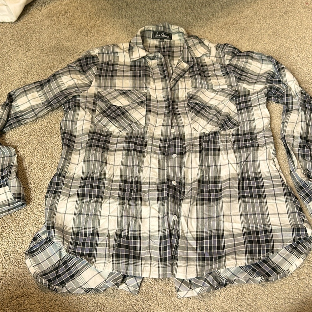 Sam Edelman Zip Split Back Plaid Flannel Shirt Hi Lo Roll Tab Sleeve Black M